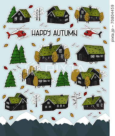 Set of Black scandinavian greenlandian wooden houses stickers, trees, forest, grass on the roof with white borders and Happy autumn text 70804459