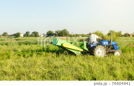 A farmer on a tractor digs potatoes in the farm field. Countryside. Food production. Harvesting potatoes in autumn. Extract root vegetables to surface. Farming and farmland. A farmer on a tractor digs potatoes in the farm field. Countryside. Food production. Harvesting potatoes in autumn. Extract root vegetables to surface. Farming and farmland. 70804941