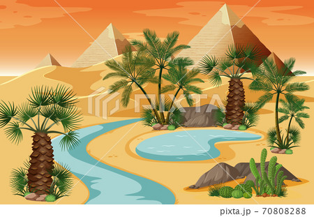 Desert Oasis With Pyramid Nature Landscape Sceneのイラスト素材 7080