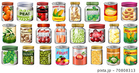 Set of different canned food and food in jars isolated 70808313