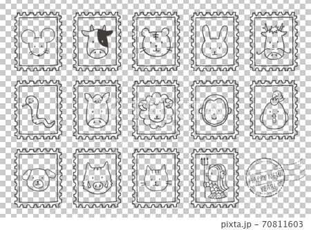 干支の動物とアマビエの切手セットのイラスト素材