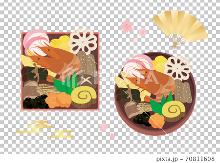 おせち料理のイラストセット 丸と四角の重箱入りのイラスト素材