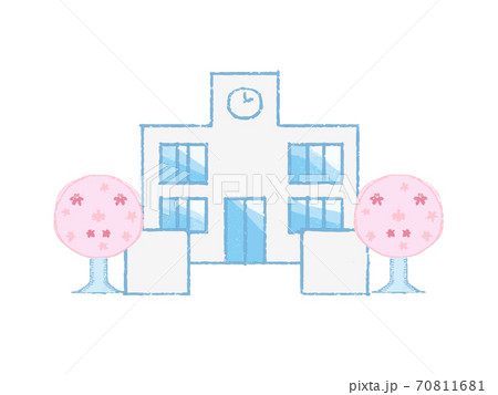 校門の前に桜の木が咲いている学校のイラストのイラスト素材