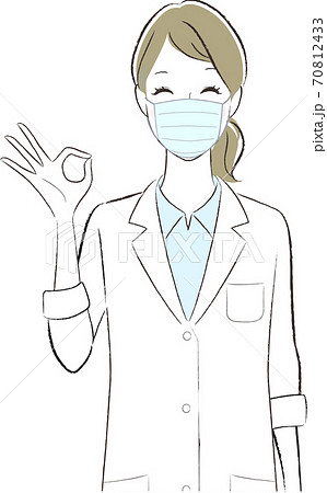 笑顔でokサインを出す白衣の女性ドクターのイラスト マスク着用のイラスト素材