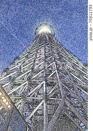 見上げた夜間の「東京スカイツリー」色鉛筆画風のイラスト素材 [70812793] - PIXTA