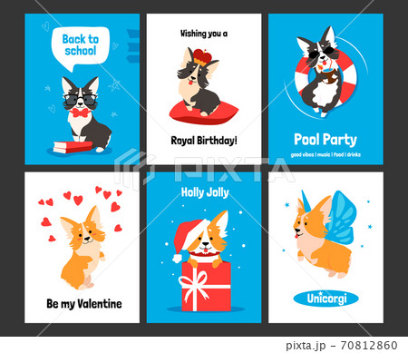 Corgi greeting card. Cartoon dog on banners. Smiling animals with comic emotions. Posters and invitations with puppy, funny celebration text and holidays wishes. Vector postcards set 70812860