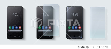 Screen protector glass. Realistic phone mockup with distressed plastic and rough scratches. Damaged smartphone screen and mobile with protection display coating. Vector advertising template Screen protector glass. Realistic phone mockup with distressed plastic and rough scratches. Damaged smartphone screen and mobile with protection display coating. Vector advertising template 70812876