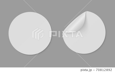 Paper round stickers with curled edge. Circle sticky white banners with curved corner and straight promotion collection. Empty plastic mockup emblem template vector isolated realistic set 70812892