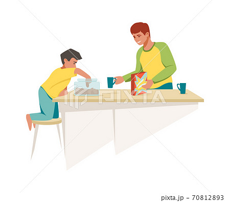 Dad and son have breakfast together. Family morning meal. Cozy home scene, cartoon father gives boy muesli and biscuits. Parent and child relationship, vector isolated illustration 70812893