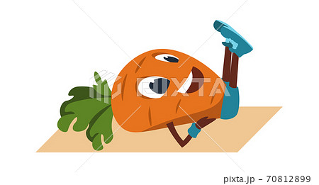 Cartoon carrot doing exercise. Sport activity in gym or home. Vegetable mascot lying on gymnastic mat. Health food for training greengrocer advertising. Vector fitness and yoga illustration 70812899