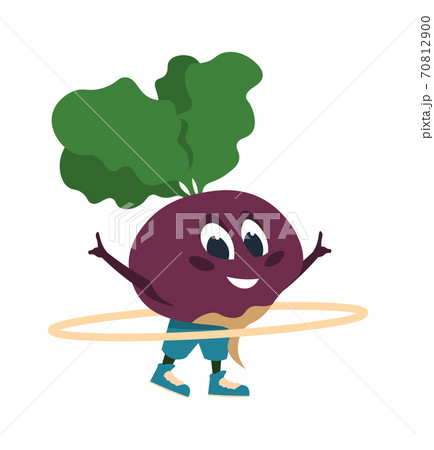 Cartoon beet doing fitness activities. Vegetable talisman twisting hoop. Diet and health active lifestyle. Sport exercise, aerobics or gymnastic training, vector mascot illustration 70812900