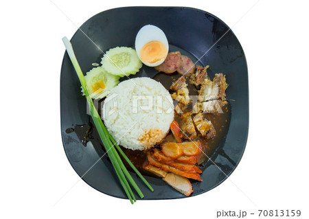 Top view of red pork with rice crispy pork, focus selective. 70813159