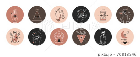 Mystical highlights. Collection spiritual icons with moon alchemy, hands and eyes. Boho social media post covers, astrological and mythological elements. Vector magic ornamental set 70813546