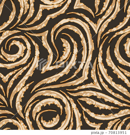 Seamless vector pattern on a brown background from flowing and broken lines. Print for fabrics or packaging. Texture swirl or waves with foam of beige and orange shades Seamless vector pattern on a brown background from flowing and broken lines. Print for fabrics or packaging. Texture swirl or waves with foam of beige and orange shades 70813951