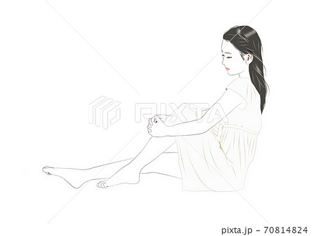 片膝を抱えて座る若い女性のイラスト素材