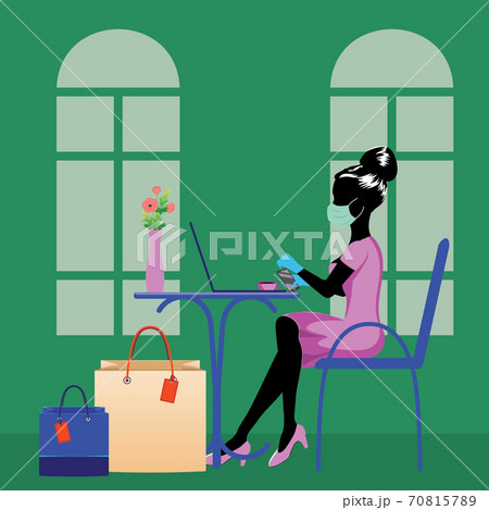 Woman in mask with shopping bags and laptop in cafe Woman in mask with shopping bags and laptop in cafe 70815789