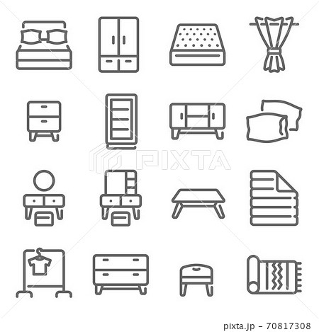 Bedroom furniture icon illustration vector set. Contains such icon as Bed, Mattress, Blanket, Carpet, Dressing table, clothes line, and more. Expanded Stroke Bedroom furniture icon illustration vector set. Contains such icon as Bed, Mattress, Blanket, Carpet, Dressing table, clothes line, and more. Expanded Stroke 70817308