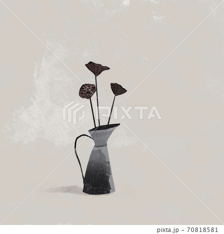 アンティークなジャグ ウォータージャグ と蓮の花 ドライフラワー 観葉植物のイラスト素材