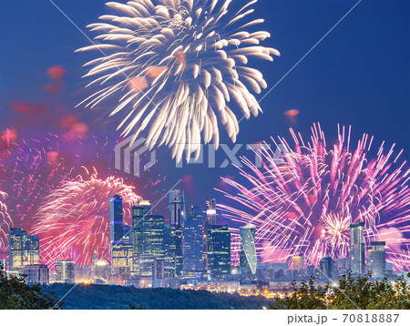 Fireworks over the Moscow city from Sparrow Hills or Vorobyovy Gory observation platform-- is on a steep bank 85 m above the Moskva river, or 200 m above sea level. Russia Fireworks over the Moscow city from Sparrow Hills or Vorobyovy Gory observation platform-- is on a steep bank 85 m above the Moskva river, or 200 m above sea level. Russia 70818887