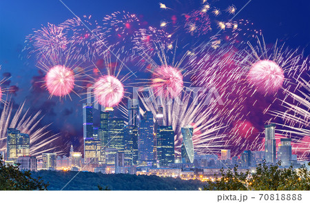 Fireworks over the Moscow city from Sparrow Hills or Vorobyovy Gory observation platform-- is on a steep bank 85 m above the Moskva river, or 200 m above sea level. Russia Fireworks over the Moscow city from Sparrow Hills or Vorobyovy Gory observation platform-- is on a steep bank 85 m above the Moskva river, or 200 m above sea level. Russia 70818888