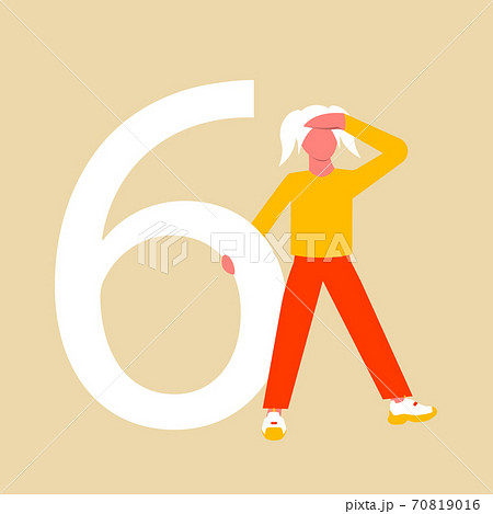 Number six. A girl with ponytail in search of self-identification. The girl is holding on large number six. A flat cartoon character with numbers. Vector illustration. Eps 10. 70819016