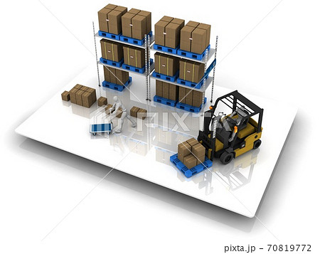 生産工場や物流倉庫の資材置き場から資材を搬送するフォークリフトと台車のイラスト素材