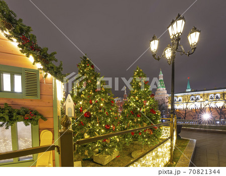 Christmas (New Year holidays) decoration in Moscow (at night), Russia-- Manege Square near the Kremlin 70821344
