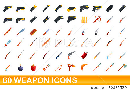 60 weapon icons set, cartoon style 70822529