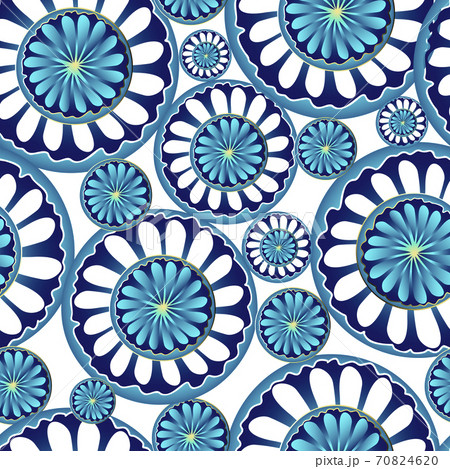 Vector seamless pattern with gradient abstract bright blue mandala flowers in golden outline 70824620