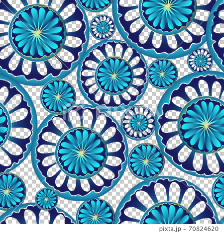 Vector seamless pattern with gradient abstract bright blue mandala flowers in golden outline 70824620
