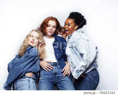 diverse multi nation girls group, teenage friends company cheerful having fun, happy smiling, cute posing isolated on white background, lifestyle people concept, african-american and caucasian 70825183