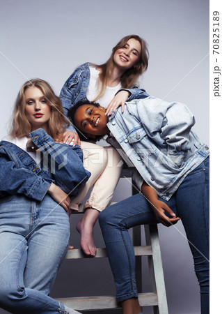 diverse multi nation girls group, teenage friends company cheerful having fun, happy smiling, cute posing isolated on white background, lifestyle people concept, african-american and caucasian 70825189