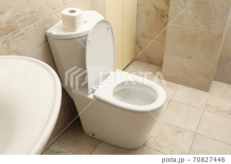 Toilet bowl in modern bathroom in light beige color Toilet bowl in modern bathroom in light beige color 70827446