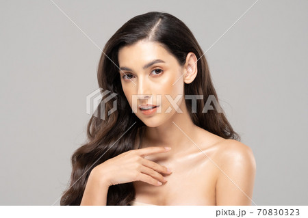 Beauty Glamour indian woman touch shoulder smile with clean and fresh skin Happiness and cheerful with positive emotional,isolate on grey background,Beauty Cosmetic and spa Facial treatment Concept 70830323