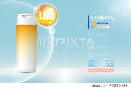 Sunblock ads template, sun protection cosmetic products design with moisturizer cream or liquid, sparkling background with glitter polka, vector design. Sunblock ads template, sun protection cosmetic products design with moisturizer cream or liquid, sparkling background with glitter polka, vector design. 70830483