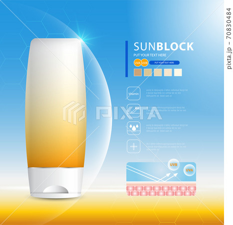 Sunblock ads template, sun protection cosmetic products design with moisturizer cream or liquid, sparkling background with glitter polka, vector design. Sunblock ads template, sun protection cosmetic products design with moisturizer cream or liquid, sparkling background with glitter polka, vector design. 70830484