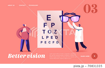Oculist Appointment Landing Page Template. Tiny Male Doctor Character Carry Huge Eyeglasses for Patient Vision Checkup 70831335