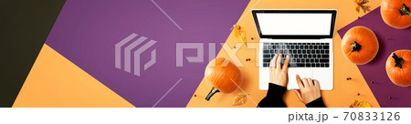 Autumn pumpkins with person using a laptop computer 70833126