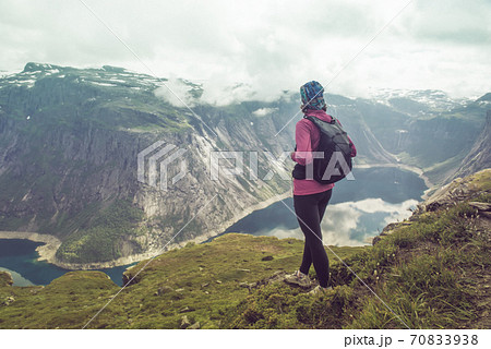 Norway hike. Sporty woman near Trolltunga 70833938