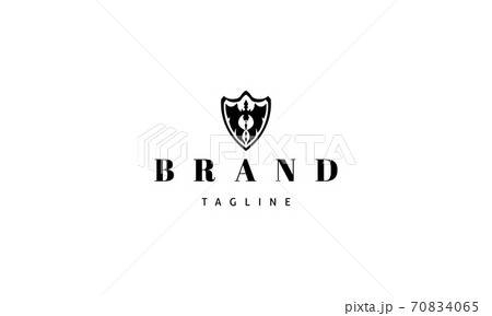 Vector logo on which an abstract image of a shield with a silhouette of a dragon inside. 70834065