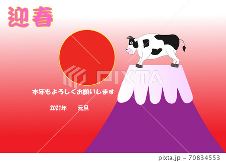 令和三年の年賀状のテンプレート素材。牛が富士山で初日の出を見ている。 70834553