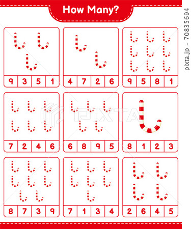 Counting game, how many Candy Canes. Educational children game, printable worksheet, vector illustration Counting game, how many Candy Canes. Educational children game, printable worksheet, vector illustration 70835694