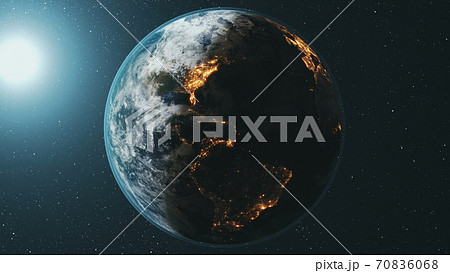 Earth planet orbit rotate at bright sun in dark outer space. Realistic third planet of Solar system 70836068