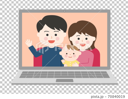 ノートパソコンでオンライン通話をする家族 ノートパソコンでオンライン通話をする家族 70840019