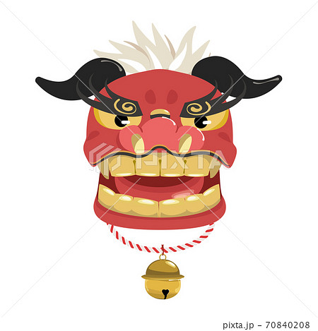 獅子舞の顔 紅白紐 鈴1つのイラスト素材 獅子舞の顔 紅白紐 鈴1つのイラスト素材