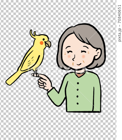 オウムを指に乗せるシニア女性 70840651