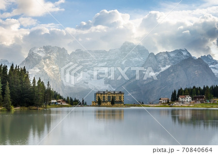 Beautiful view of Lake misurina, at famous dolomite mountain, Italy. Beautiful view of Lake misurina, at famous dolomite mountain, Italy. 70840664