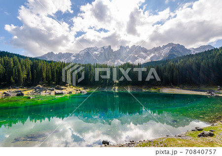 Beautiful view of famous Carezza lake at dolomite mountain, Ital 70840757