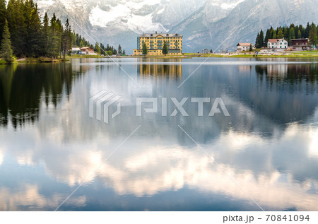 Beautiful view of Lake misurina, at famous dolomite mountain, Italy. Beautiful view of Lake misurina, at famous dolomite mountain, Italy. 70841094