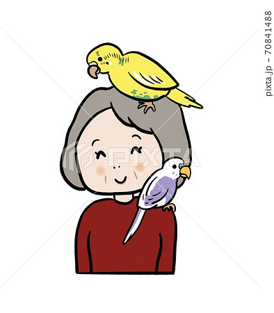 インコを肩と頭に乗せるシニア女性のイラスト素材